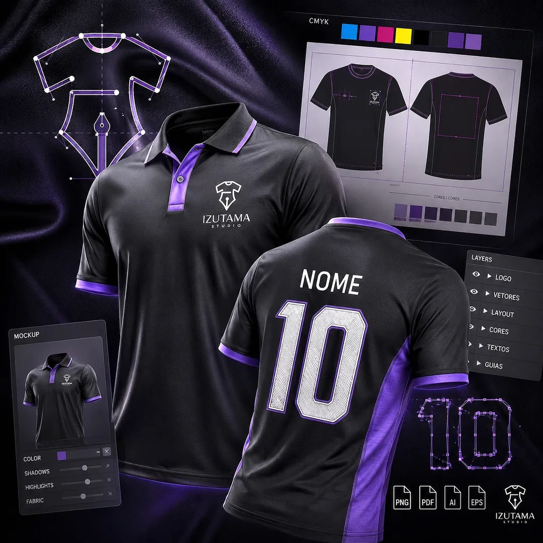 Capa da IZUTAMA Studio mostrando uniforme, mockup, vetores e preparação de arte